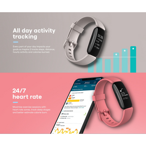 The image displays a Fitbit Inspire 2 in black with a pink band, showcasing the fitness tracker on a light grey background next to a smartphone displaying fitness data and heart rate information. The layout highlights features related to all-day activity tracking and 24/7 heart rate monitoring.