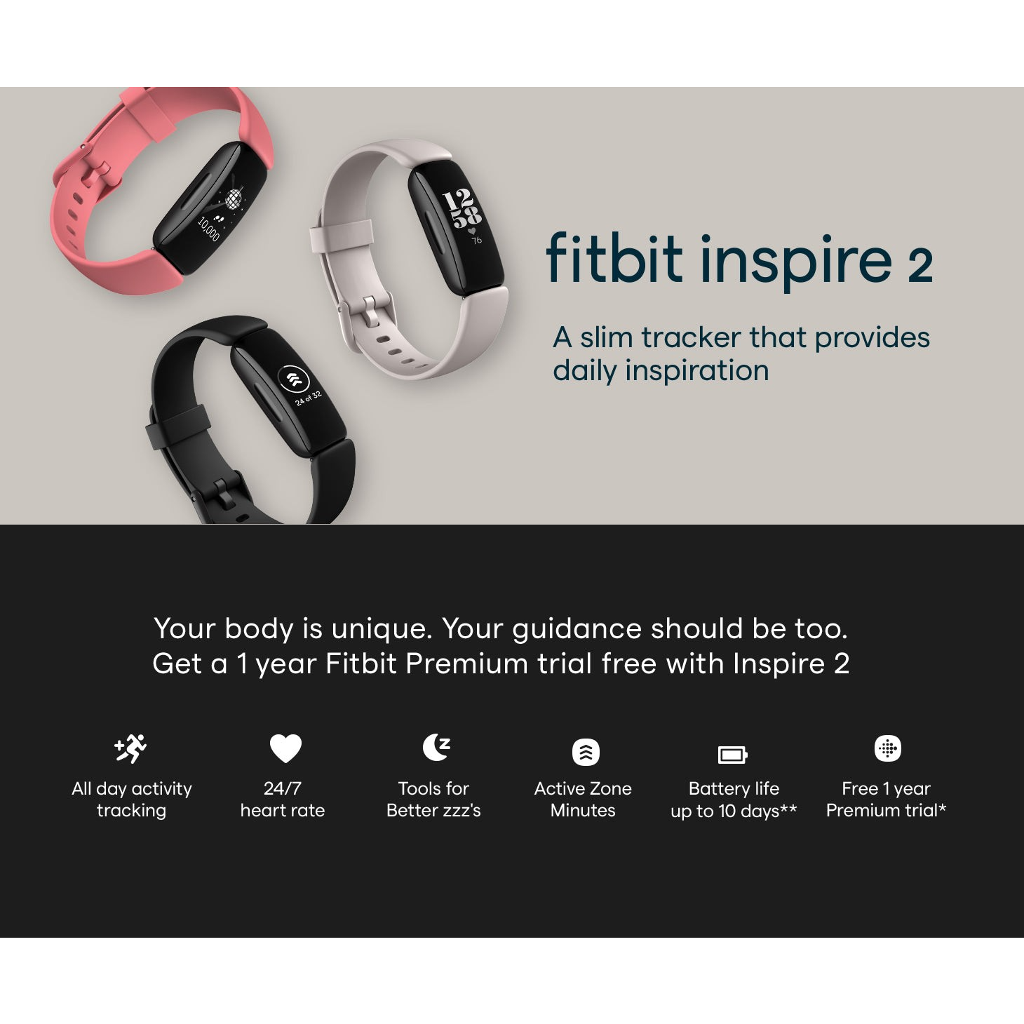 Three Fitbit Inspire 2 fitness trackers are displayed in different colors: pink, black, and gray, showcasing the slim design and the visible screen with various metrics. The background features text highlighting the product's key features and a promotional offer for a one-year Fitbit Premium trial.