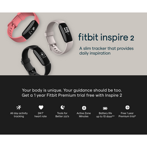 Three Fitbit Inspire 2 fitness trackers are displayed in different colors: pink, black, and gray, showcasing the slim design and the visible screen with various metrics. The background features text highlighting the product's key features and a promotional offer for a one-year Fitbit Premium trial.