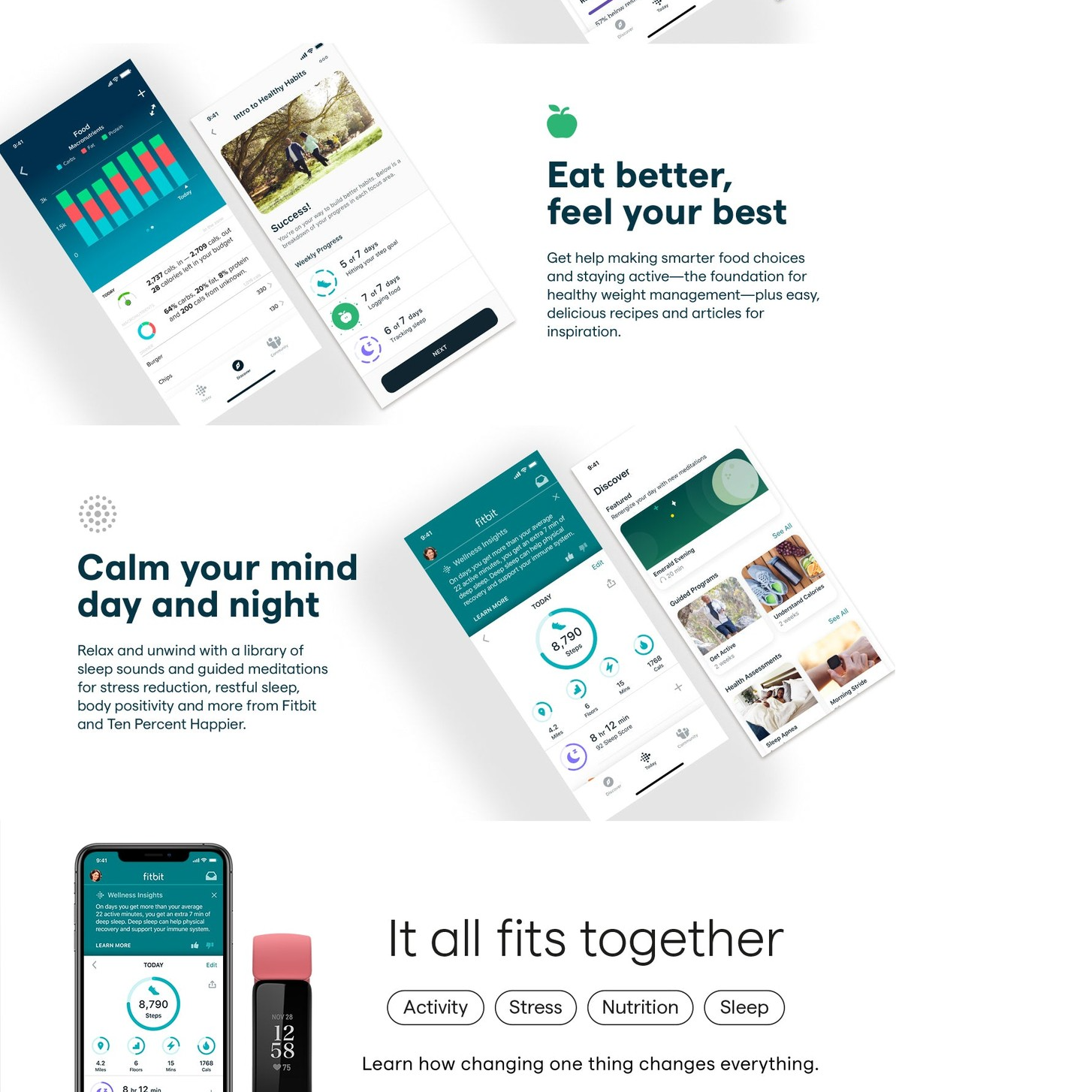 Four smartphone screens displaying the Fitbit app interface, featuring various health and fitness metrics such as steps, active zone minutes, nutrition tracking, and sleep patterns, all set against a light background with wellness tips and motivational phrases.