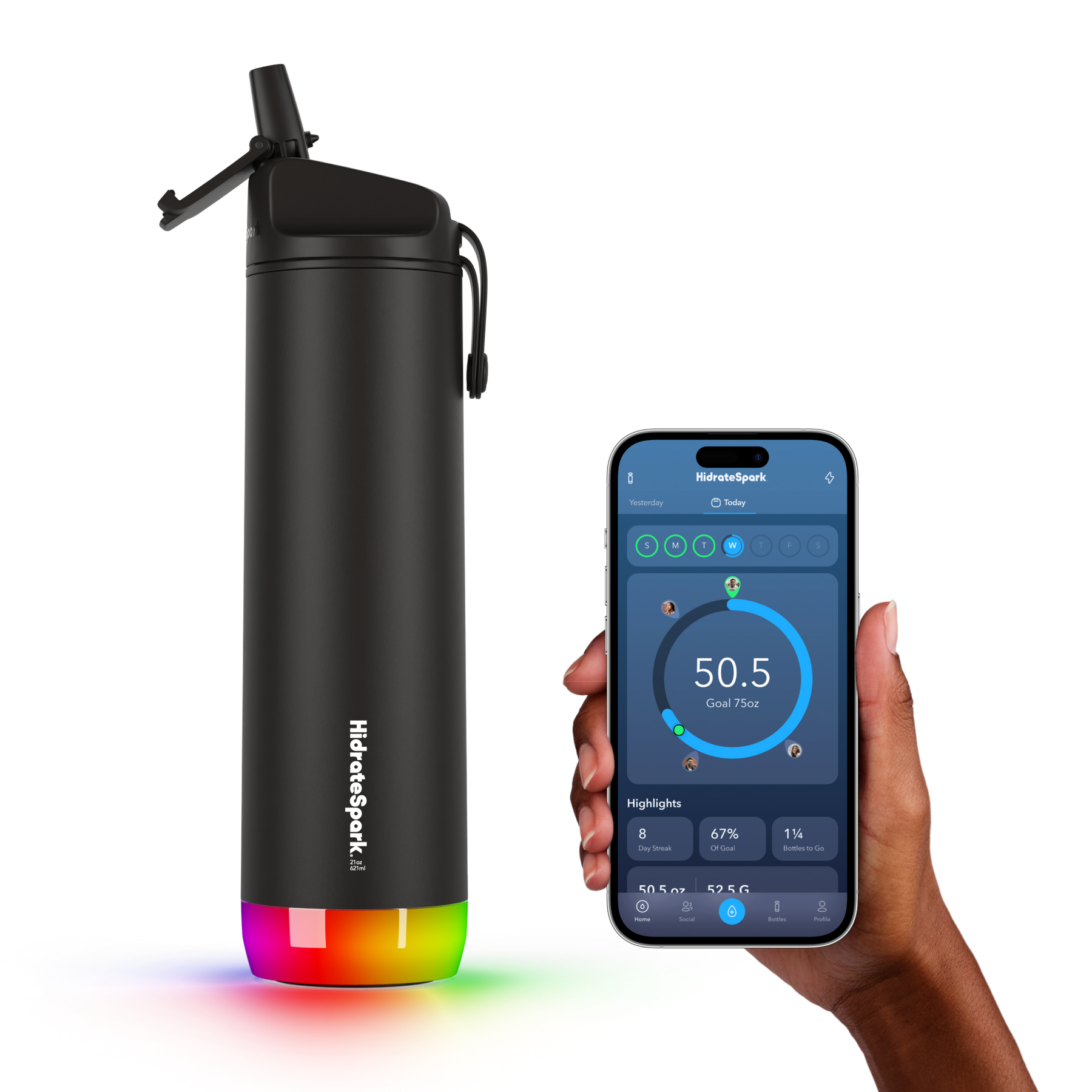 The sleek black 21 OZ HidrateSpark Pro Smart Water Bottle features a colorful, illuminated base and a convenient flip-top lid. Next to the bottle, a hand holds a smartphone displaying the HidrateSpark app interface with hydration tracking details.