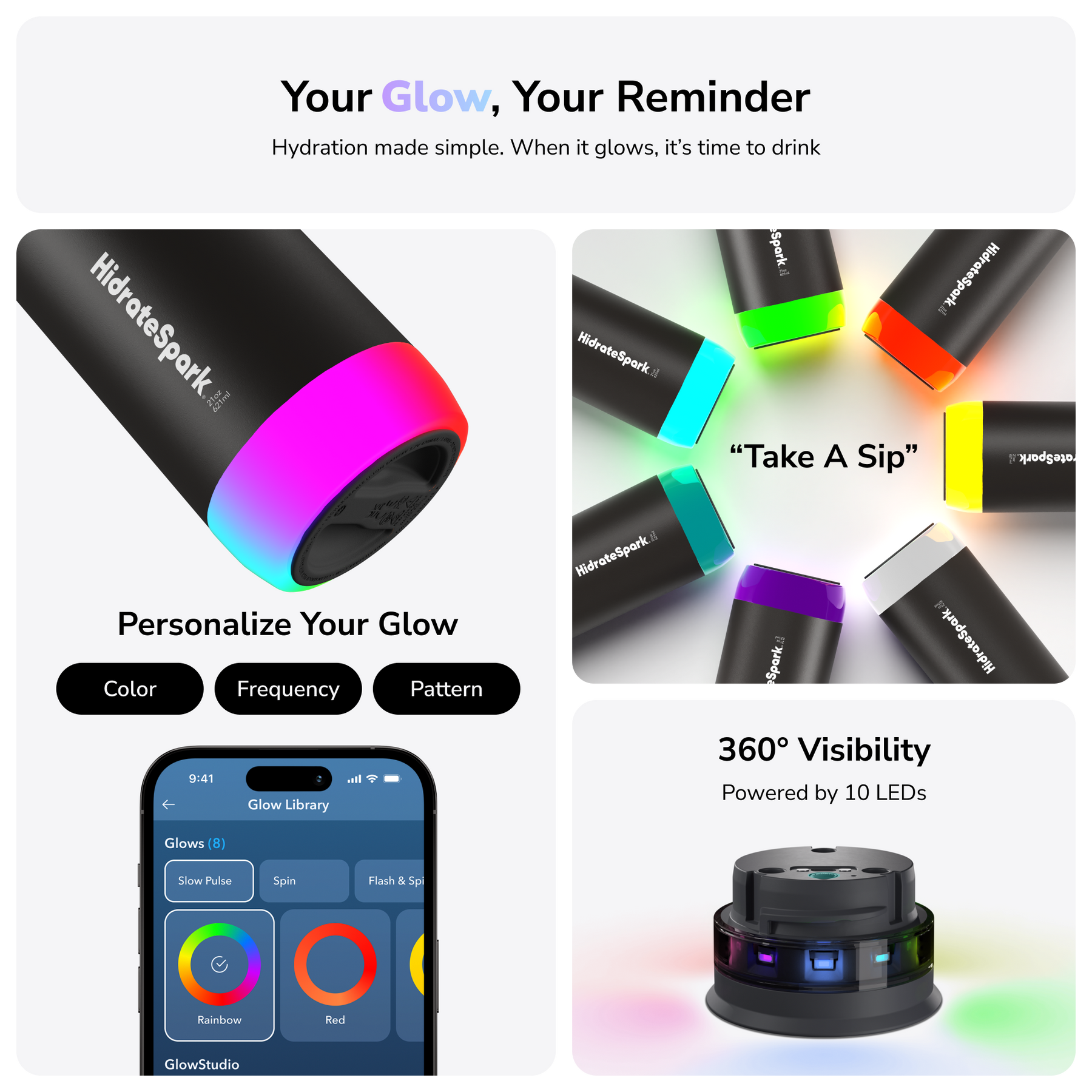 Colorful caps show customizable LED glow options, with choices for color, frequency, and pattern. The image features a smartphone displaying the Glow Library, and a device demonstrating 360° visibility enabled by ten LEDs.