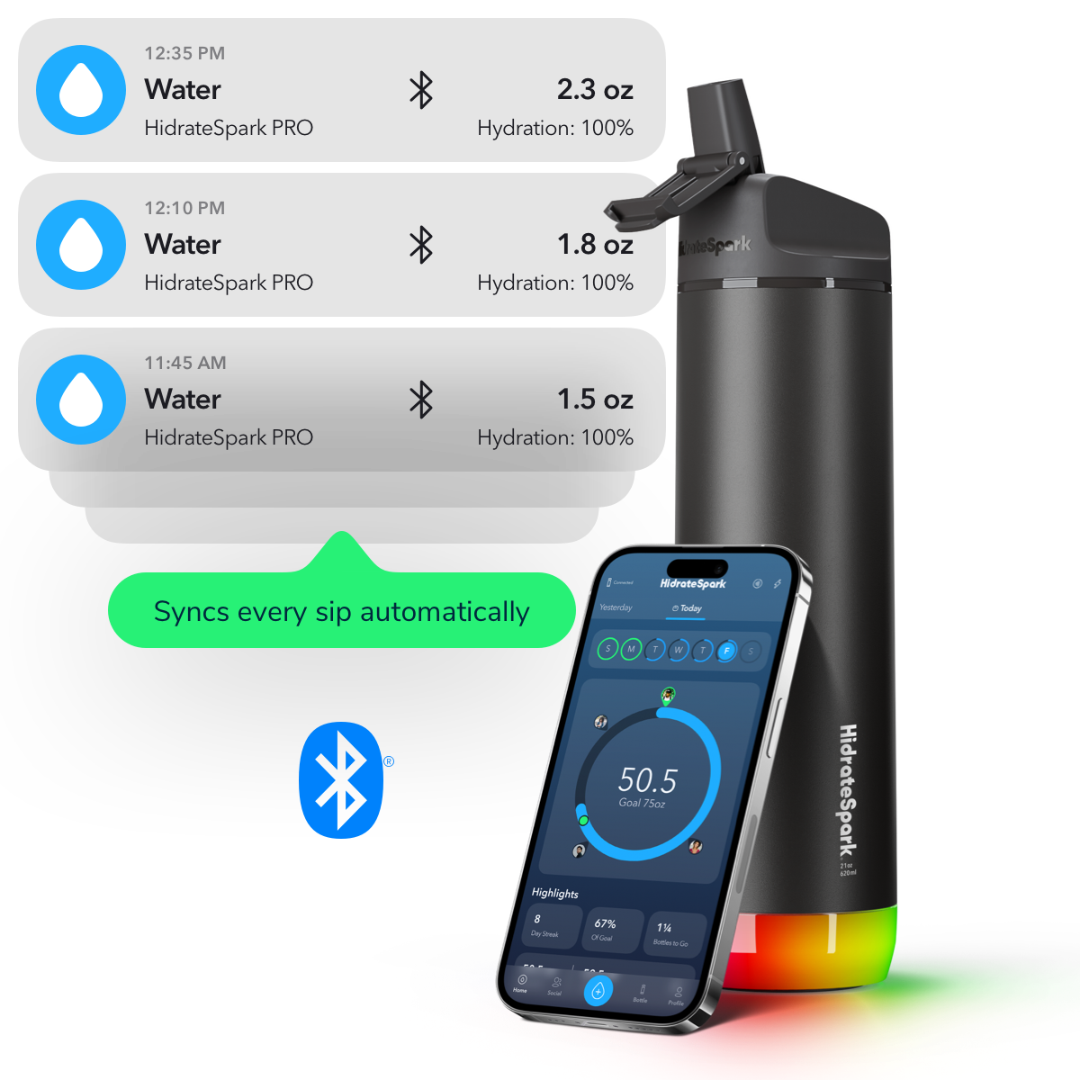 The image displays the HidrateSpark Pro Smart Water Bottle alongside a smartphone app interface showing hydration tracking, with the bottle featuring a black matte finish, a flip-top cap, and a light-up base. Above the bottle, there are water intake notifications with timestamps, and the app indicates a hydration goal of 75 oz.