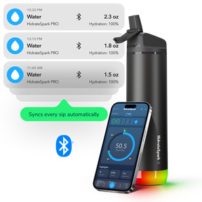 The image displays the HidrateSpark Pro Smart Water Bottle alongside a smartphone app interface showing hydration tracking, with the bottle featuring a black matte finish, a flip-top cap, and a light-up base. Above the bottle, there are water intake notifications with timestamps, and the app indicates a hydration goal of 75 oz.