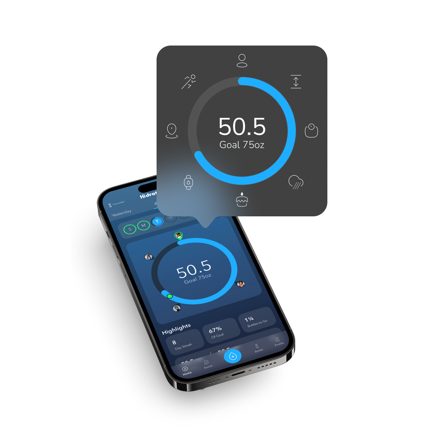 The smartphone screen displays the HidrateSpark app interface, featuring a circular graphic indicating 50.5 ounces out of a goal of 75 ounces, with various icons and statistics below.