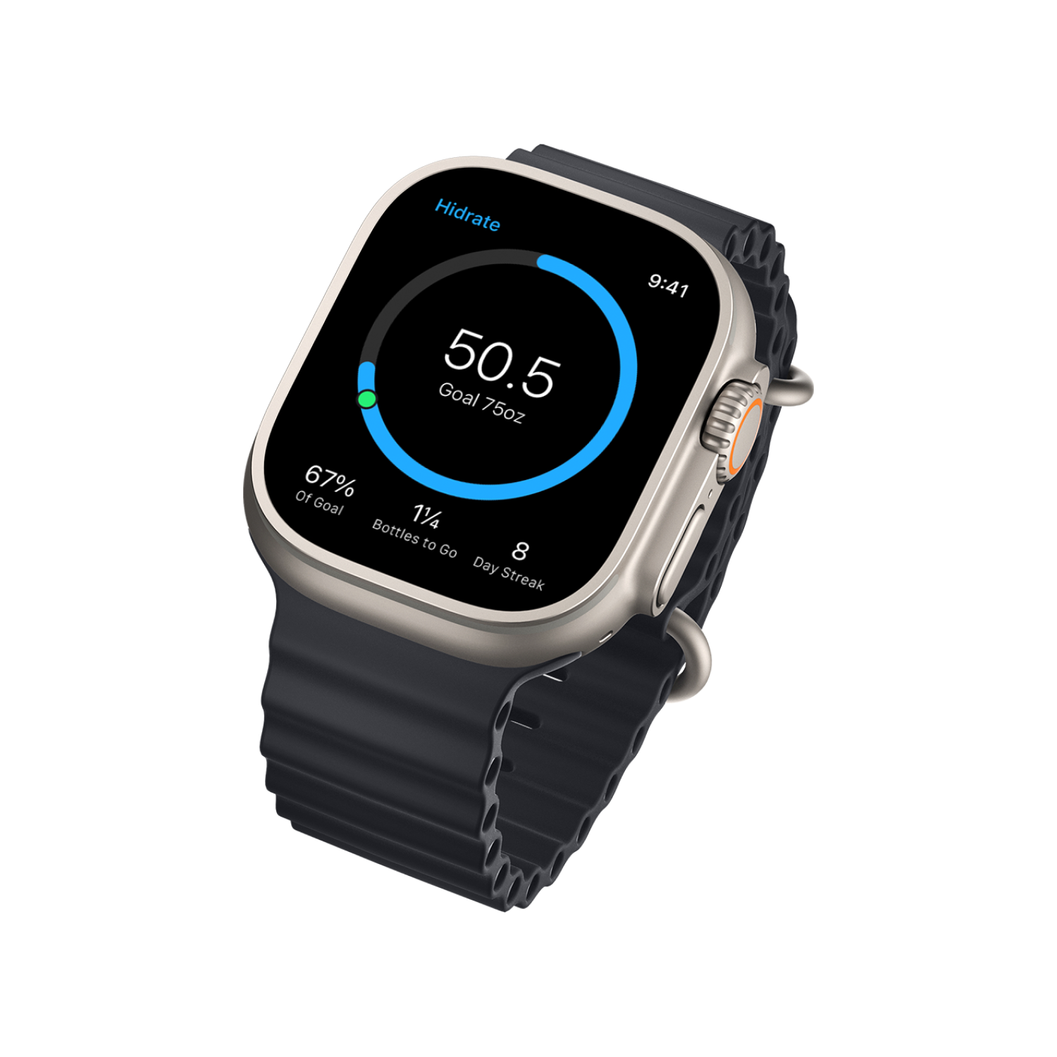 A smartwatch with a black band displays a hydration tracking interface, showing a progress bar near 50.5 ounces of a 750-ounce goal, along with metrics for percentage of goal achieved, bottles remaining, and day streak.