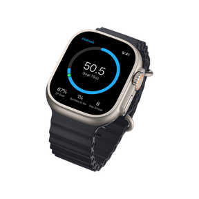 A smartwatch with a black band displays a hydration tracking interface, showing a progress bar near 50.5 ounces of a 750-ounce goal, along with metrics for percentage of goal achieved, bottles remaining, and day streak.