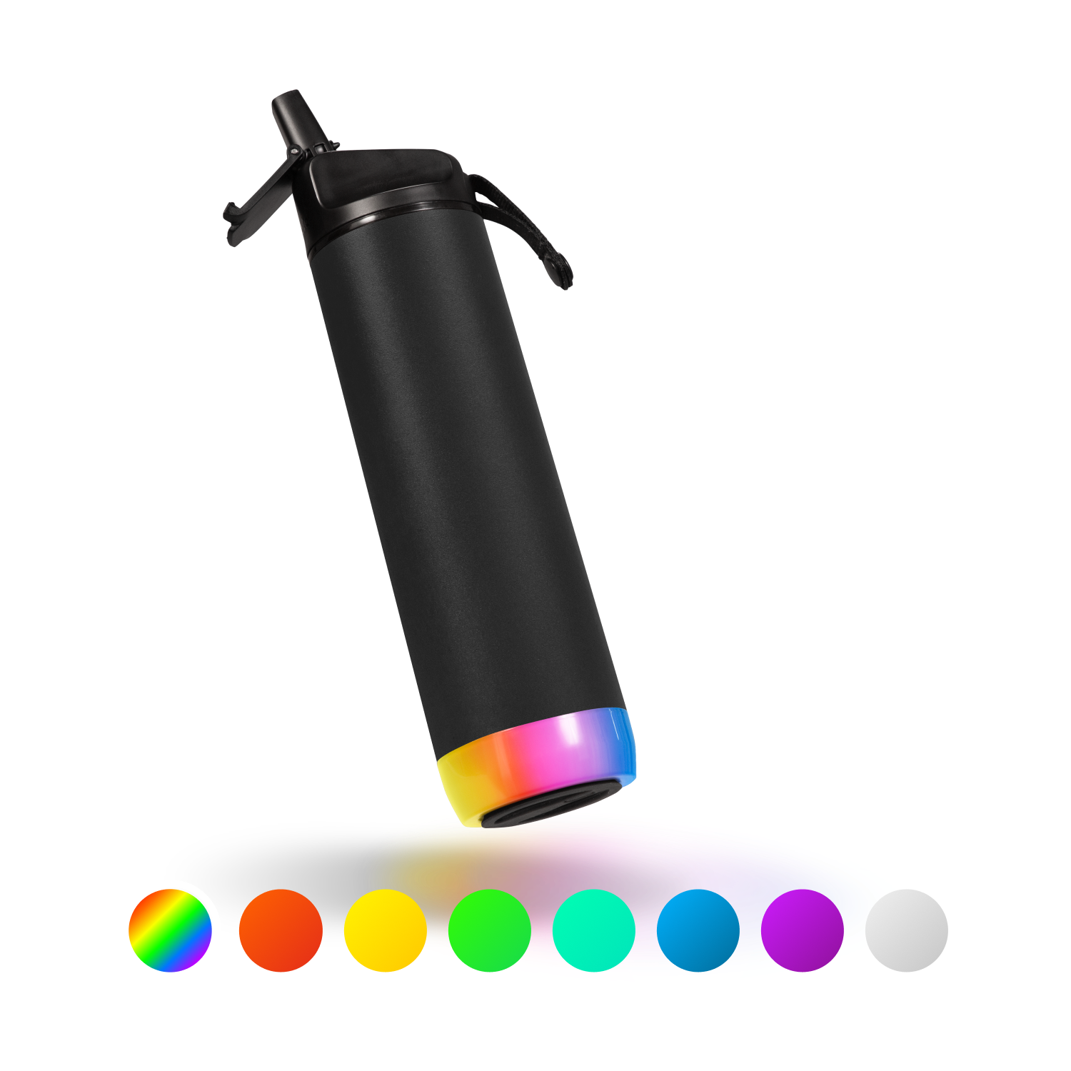 The sleek, black HidrateSpark Pro Smart Water Bottle features a colorful LED base that changes colors, with a display of color options including white, orange, yellow, green, blue, purple, and a rainbow gradient underneath.
