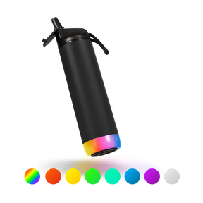 The sleek, black HidrateSpark Pro Smart Water Bottle features a colorful LED base that changes colors, with a display of color options including white, orange, yellow, green, blue, purple, and a rainbow gradient underneath.
