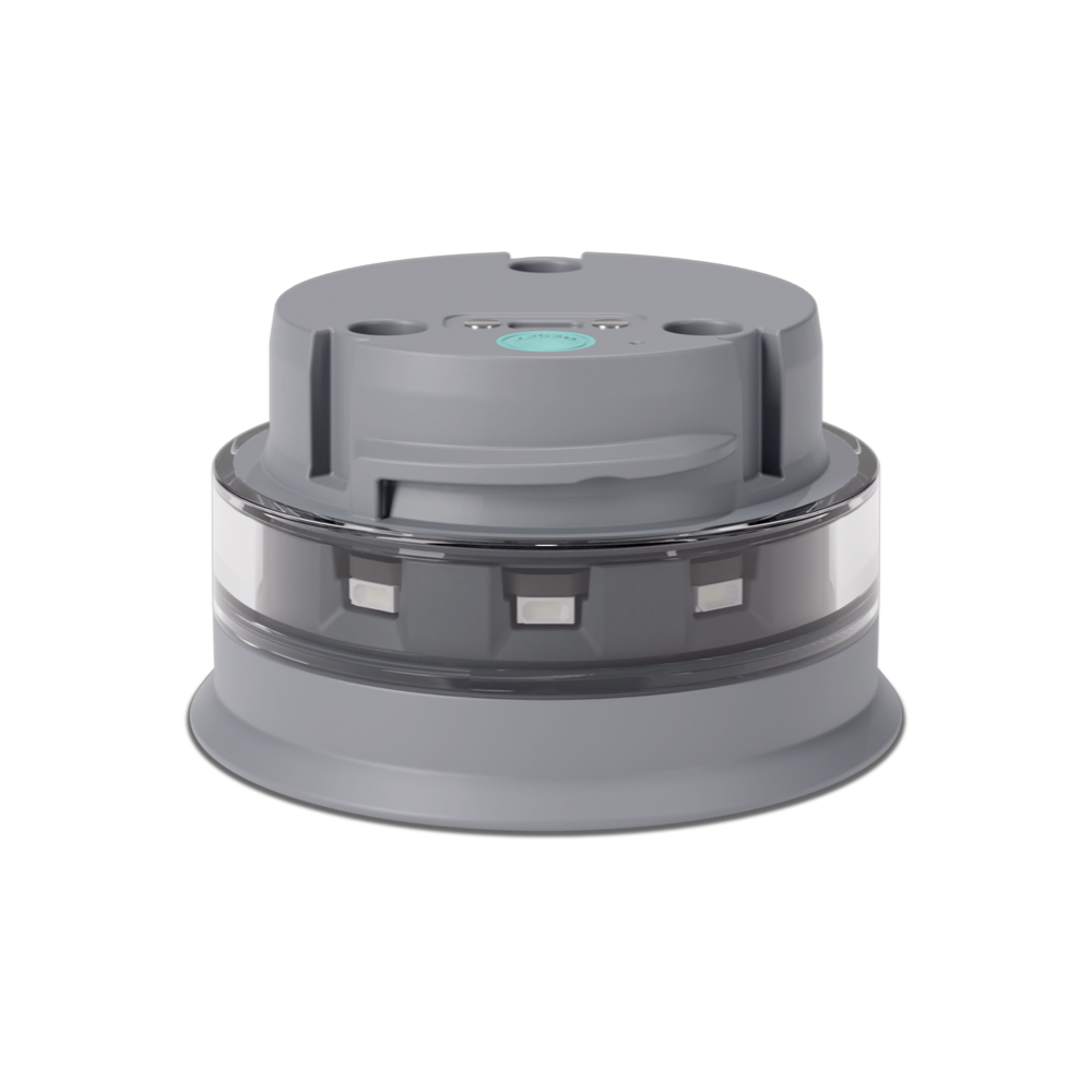 Top view of the gray lid for the HidrateSpark Pro Smart Water Bottle, featuring a central button and multiple sensor areas illuminated by LED lights.