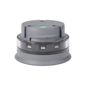 Top view of the gray lid for the HidrateSpark Pro Smart Water Bottle, featuring a central button and multiple sensor areas illuminated by LED lights.