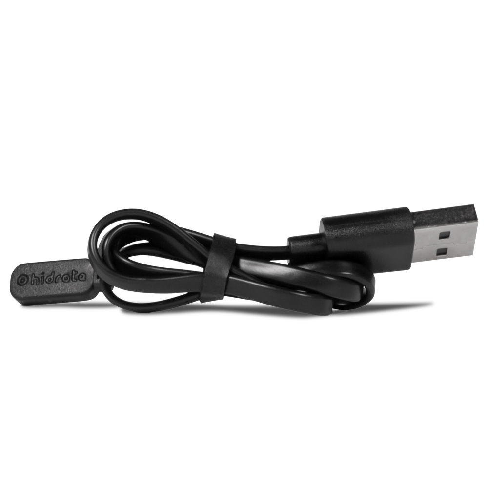 A black USB charging cable for the HidrateSpark water bottle, coiled and secured with a tie, with a small branded tag attached.