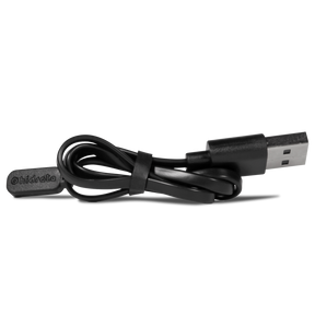 A black USB charging cable for the HidrateSpark water bottle, coiled and secured with a tie, with a small branded tag attached.