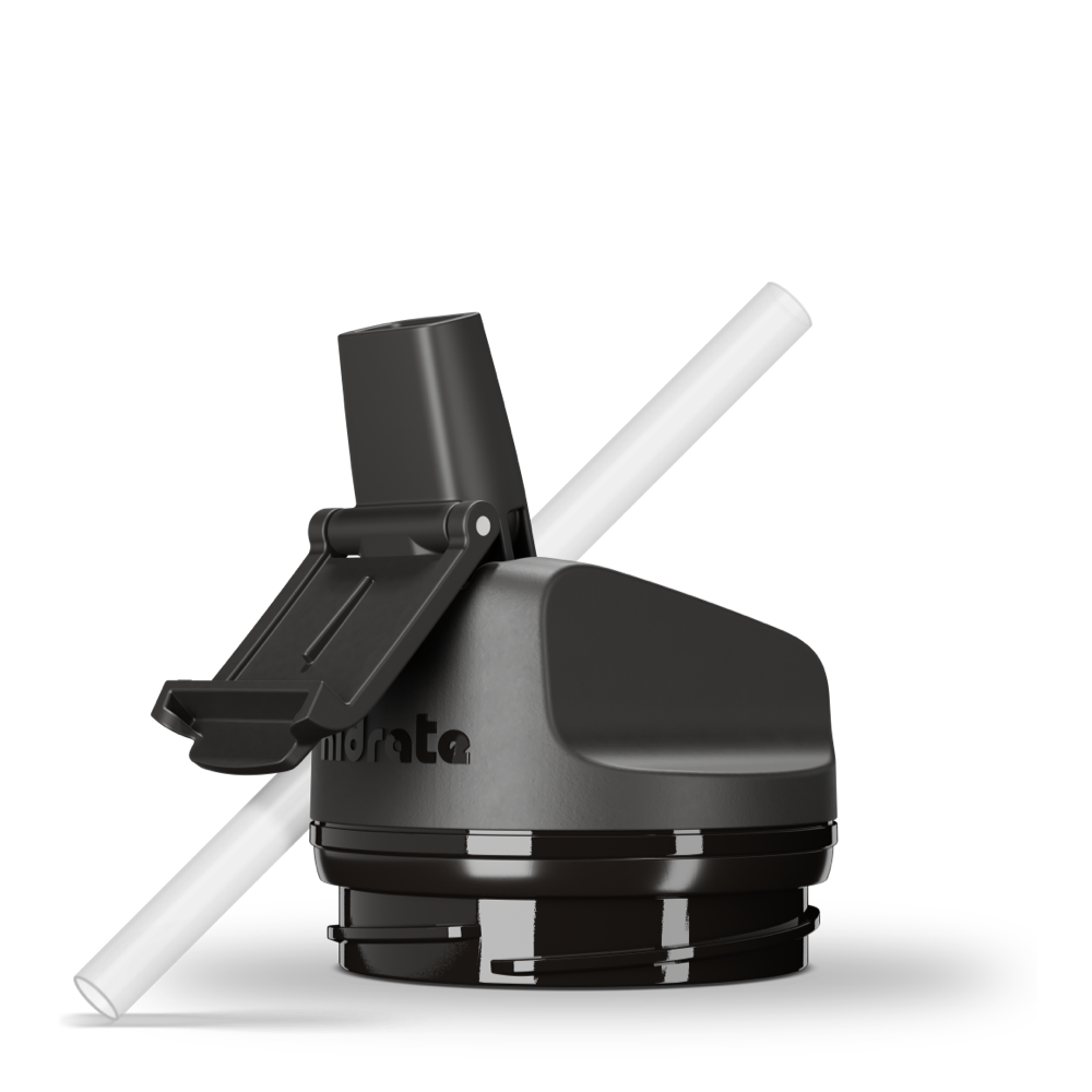 The black lid of the HidrateSpark Pro Smart Water Bottle features a built-in straw, a flip-top mechanism, and a connector for the bottle's smart technology, positioned next to a straight, white straw.