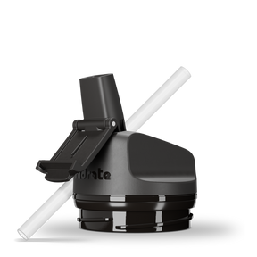 The black lid of the HidrateSpark Pro Smart Water Bottle features a built-in straw, a flip-top mechanism, and a connector for the bottle's smart technology, positioned next to a straight, white straw.