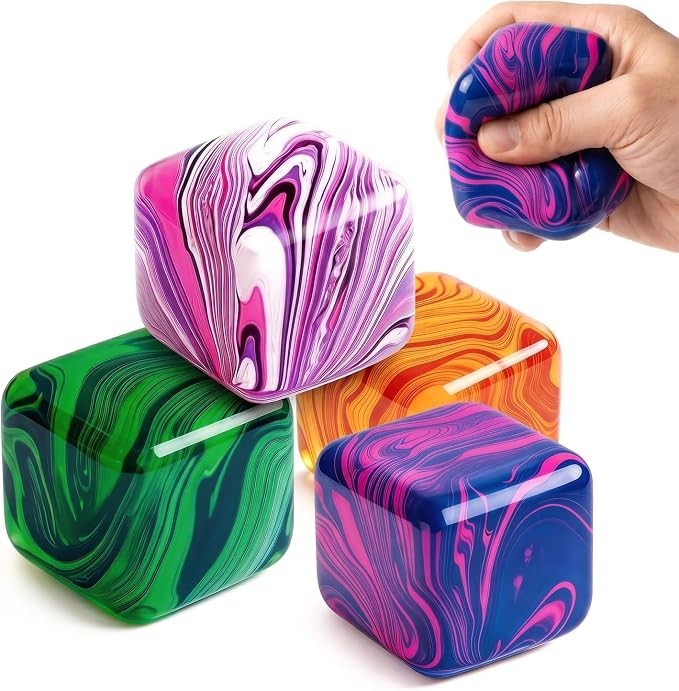4 PK Assorted Marbled Squishy Cube Stress Relief Toys