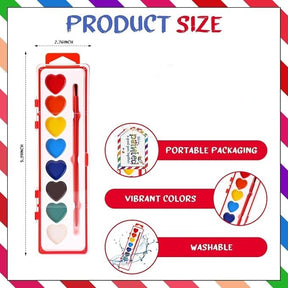 The image showcases a set of eight heart-shaped watercolor paints in a clear case, accompanied by a brush. It illustrates the product size, highlighting its portable design and the vibrant colors available.