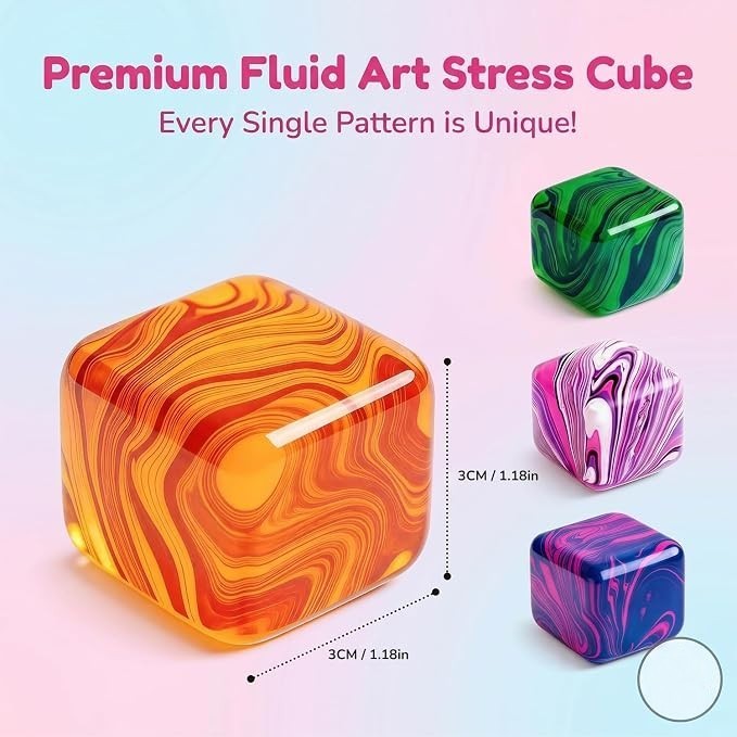 Assorted marbled squishy cube stress relief toys in vibrant colors, including orange, green, pink, and purple, displayed individually with a measuring guide indicating dimensions of 3 cm (1.18 inches). Each cube features a unique fluid art pattern.