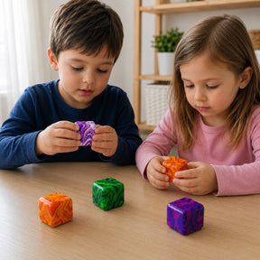 Two children sit at a table, each holding a colorful marbled squishy cube stress relief toy; one child has a purple cube while the other has an orange cube. The table features additional cubes in green and orange, creating a vibrant display.