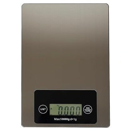 Large stainless steel digital food scale with a sleek surface and an easy-to-read digital display showing a weight measurement.