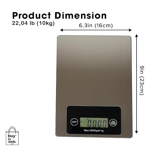 Displays a stainless steel digital food scale with a flat surface, measuring 6.3 inches wide and 9 inches long. The scale features a digital display showing weight measurements in grams and pounds, along with buttons for unit selection and tare function.