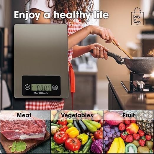 A stainless steel digital food scale is shown on a kitchen counter, with a person in a red apron stirring a pot. Below, images of meat, vegetables, and fruit are displayed, promoting healthy eating.