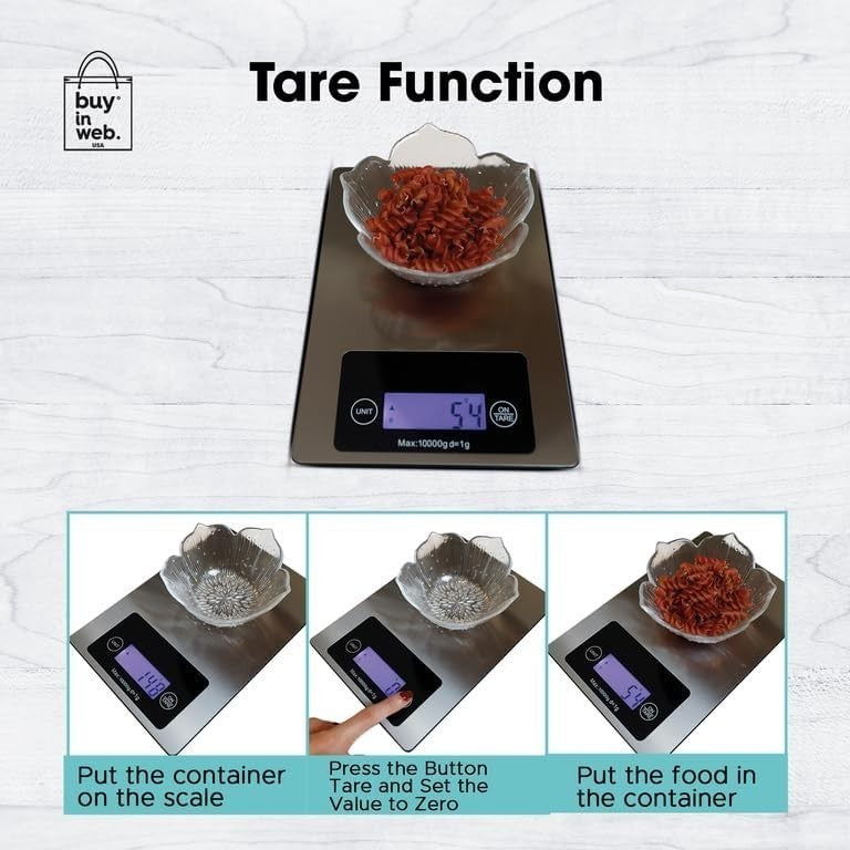 The digital food scale features a stainless steel surface with a clear display showing a reading of 54 grams, indicating a bowl filled with red pasta. The image includes instructional graphics for using the tare function, highlighting steps for weighing ingredients accurately.