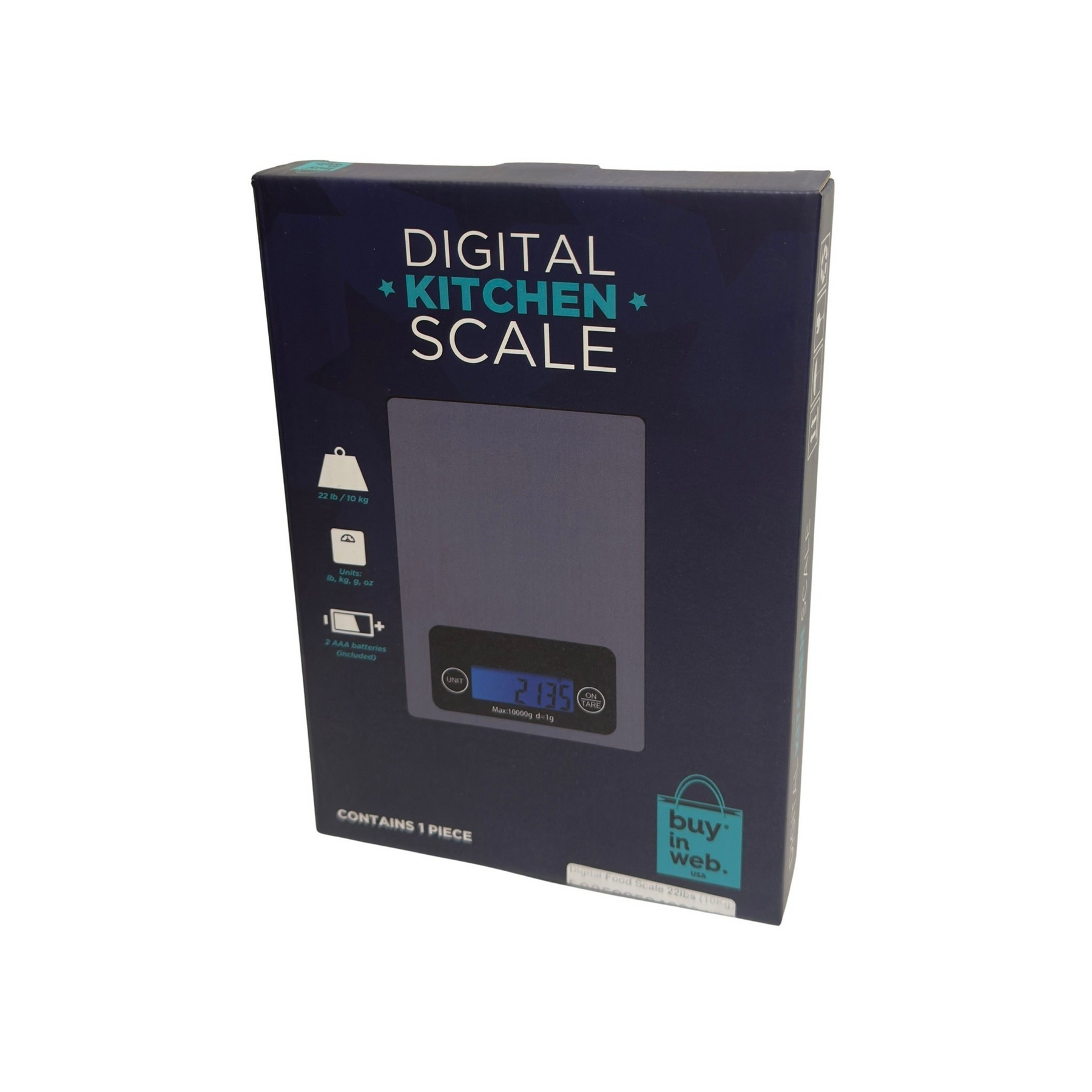 The packaging of a digital food scale features a sleek stainless steel design with a digital display, showcasing a weight reading of 213.3 g. The front includes illustrations of measurement unit options and indicates the scale's maximum capacity of 22 lb (10 kg).