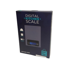 The packaging of a digital food scale features a sleek stainless steel design with a digital display, showcasing a weight reading of 213.3 g. The front includes illustrations of measurement unit options and indicates the scale's maximum capacity of 22 lb (10 kg).