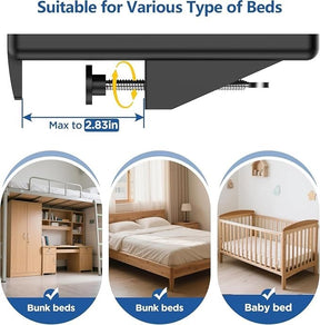 Close-up of the clamp mechanism of the bedside shelf, showing the adjustable screw that accommodates various bed types up to 2.83 inches in thickness, with images depicting the shelf's suitability for bunk beds and baby beds.