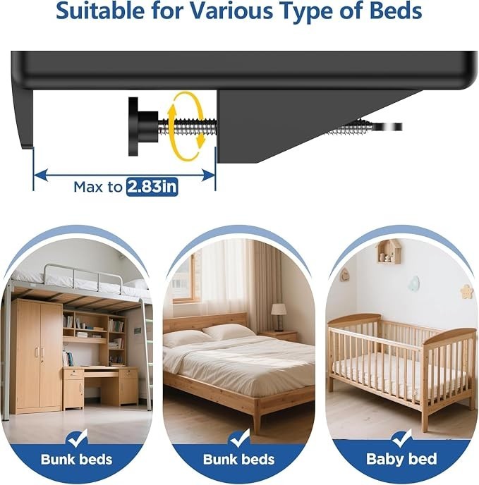 Close-up of the clamp mechanism of the bedside shelf, showing the adjustable screw that accommodates various bed types up to 2.83 inches in thickness, with images depicting the shelf's suitability for bunk beds and baby beds.