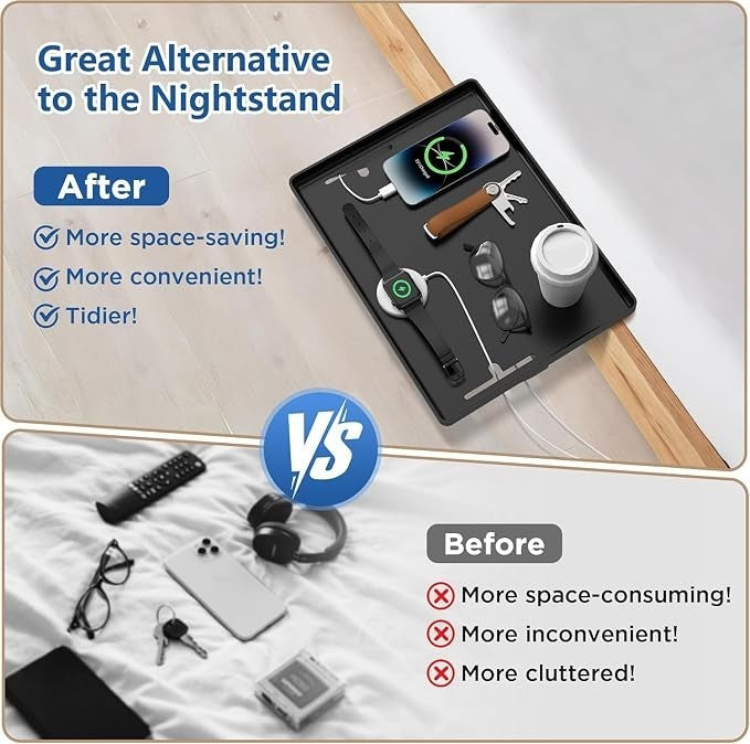 Comparison graphic showing a modern clamp-on bedside shelf above with organized items like a phone, watch, coffee cup, and headphones, and a cluttered before scenario below with items scattered on a surface.