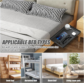 Image showcases various bed types that the bedside shelf is applicable for, including a bunk bed, a dormitory bed, a room bed, and a living room sofa, with each design highlighting convenience and accessibility. The visual emphasizes a modern clamp-on nightstand beside a bed with striped pillows and shows items like a smartphone, glasses, and an air pod on the shelf.