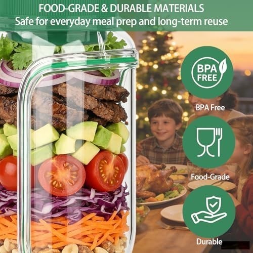 The jar showcases a colorful layered salad, featuring ingredients like cherry tomatoes, avocado, shredded carrots, purple cabbage, and cooked beef, all neatly arranged. In the background, a family is enjoying a meal at a festive table setting.