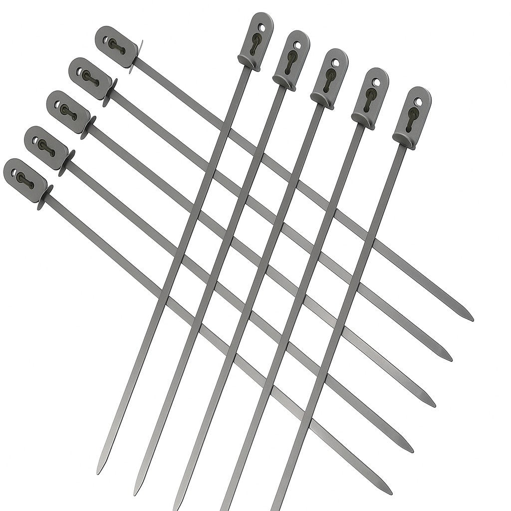 Ten stainless steel flat skewers arranged in a crisscross pattern, featuring rounded ends and a hole for easy handling. Each skewer is long and has a sleek silver finish.