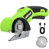 Electric scissors in bright green and black, featuring a metallic rotary cutting blade and a USB charging cord beside it. The design includes a comfortable grip for cordless use.