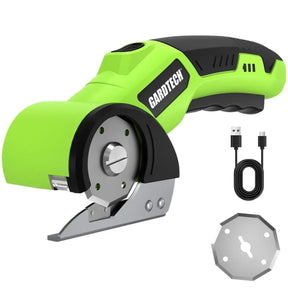Electric scissors in bright green and black, featuring a metallic rotary cutting blade and a USB charging cord beside it. The design includes a comfortable grip for cordless use.