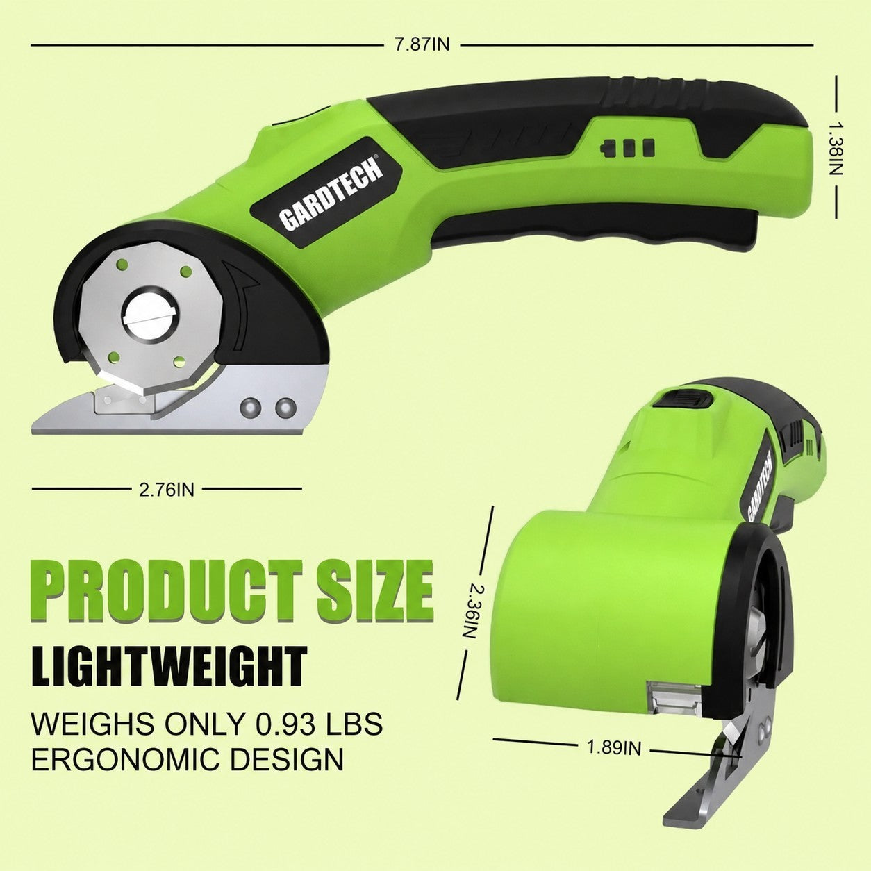 Electric scissors with a sleek green and black ergonomic design, featuring a rotary cutting blade. The image displays dimensions indicating the product's lightweight build, weighing only 0.93 lbs.