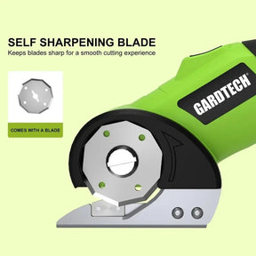 Close-up of the Gardtech Electric Scissors, highlighting the self-sharpening blade design and the sharp cutting edge. The green body features the brand name, and an inset image of the blade is shown alongside the text "COMES WITH A BLADE."