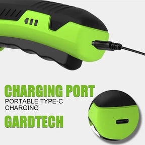 Close-up of the Gardtech electric scissors showing the green and black charging port where a Type-C cable is plugged in, along with the text "Charging Port" and "Portable Type-C Charging."