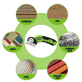 The image features the Gardtech Electric Scissors at the center, surrounded by circles labeled with various materials it can cut, including cardboard, rope, carpet, aluminum mesh, paper, and charging port. The scissors are shown in black and green with a circular blade, emphasizing their versatility in cutting tasks.