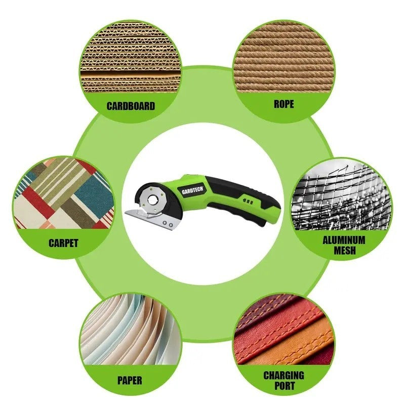 The image features the Gardtech Electric Scissors at the center, surrounded by circles labeled with various materials it can cut, including cardboard, rope, carpet, aluminum mesh, paper, and charging port. The scissors are shown in black and green with a circular blade, emphasizing their versatility in cutting tasks.