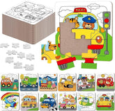 Colorful 4x4 inch transportation-themed puzzles feature a taxi scene being completed with a missing piece and a stack of additional puzzles in the background. Several completed puzzles showcase various modes of transport, including vehicles and animals interacting with them, all surrounded by cheerful colors and playful illustrations.