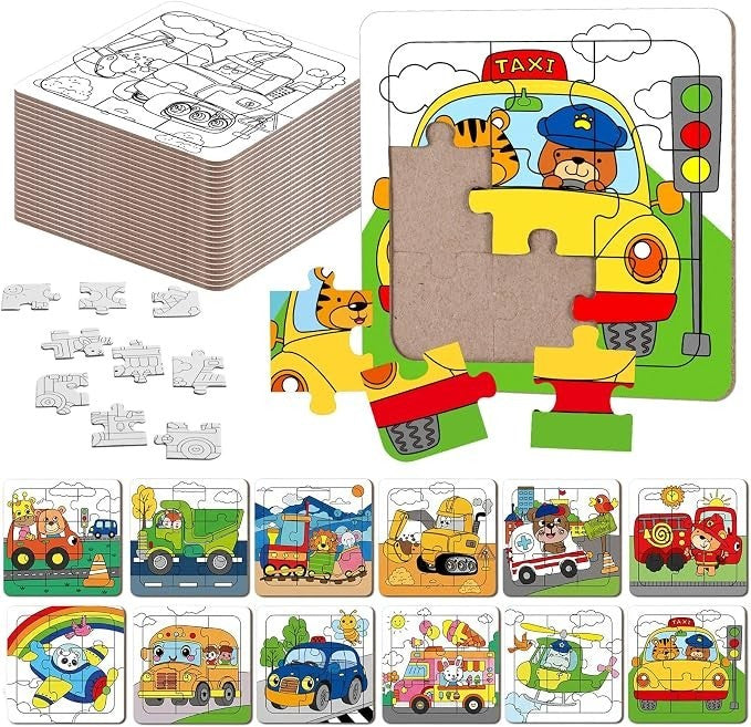 Colorful 4x4 inch transportation-themed puzzles feature a taxi scene being completed with a missing piece and a stack of additional puzzles in the background. Several completed puzzles showcase various modes of transport, including vehicles and animals interacting with them, all surrounded by cheerful colors and playful illustrations.