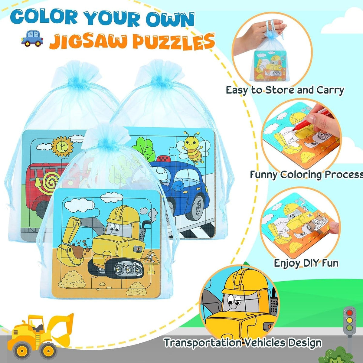 The image features a set of three 4x4 inch jigsaw puzzles packaged in a light blue mesh bag, showcasing colorful transportation-themed designs, including a yellow construction vehicle, a red fire truck, and a blue car. The packaging emphasizes ease of storage and carrying, with illustrated text highlighting the fun coloring process and DIY aspects of the puzzles.