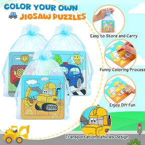 The image features a set of three 4x4 inch jigsaw puzzles packaged in a light blue mesh bag, showcasing colorful transportation-themed designs, including a yellow construction vehicle, a red fire truck, and a blue car. The packaging emphasizes ease of storage and carrying, with illustrated text highlighting the fun coloring process and DIY aspects of the puzzles.