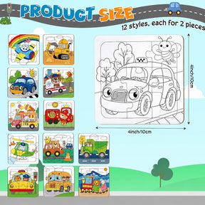 Illustration showing a variety of transportation-themed coloring puzzles arranged in a grid format, with the highlighted puzzle featuring an outlined cartoon car, a bee, and trees on a road, labeled with a size of 4 inches by 4 inches.