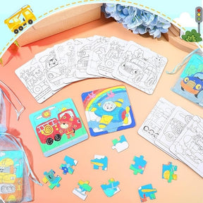 Colorful finished puzzles featuring transportation-themed designs are displayed alongside several uncolored puzzle templates, with small puzzle pieces scattered around. The scene is set against a vibrant, pastel background.