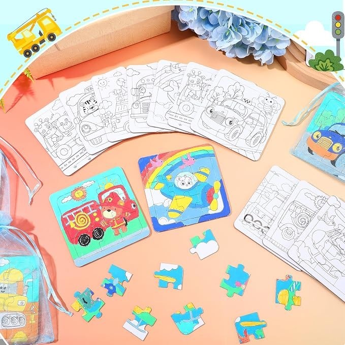 Colorful finished puzzles featuring transportation-themed designs are displayed alongside several uncolored puzzle templates, with small puzzle pieces scattered around. The scene is set against a vibrant, pastel background.