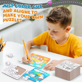 A child in a yellow shirt is coloring transportation-themed puzzles at a table, with two partially completed puzzles and a stack of uncolored puzzle pieces visible. A pencil and colored markers are placed nearby.